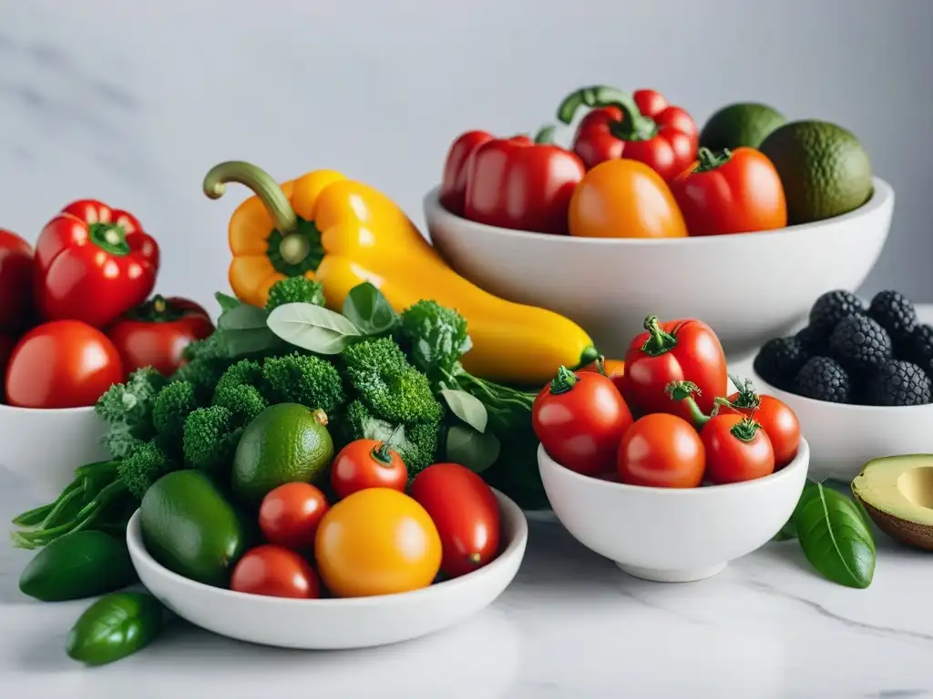 Una variedad colorida de frutas y verduras frescas sobre una encimera de mármol blanco, ideal para la planificación de menús veganos principiantes