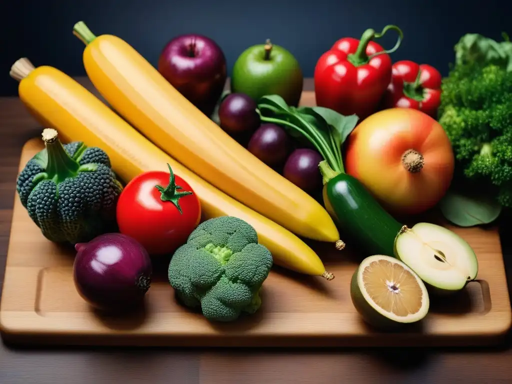 Una variedad colorida de frutas y verduras frescas sobre tabla de cortar de madera