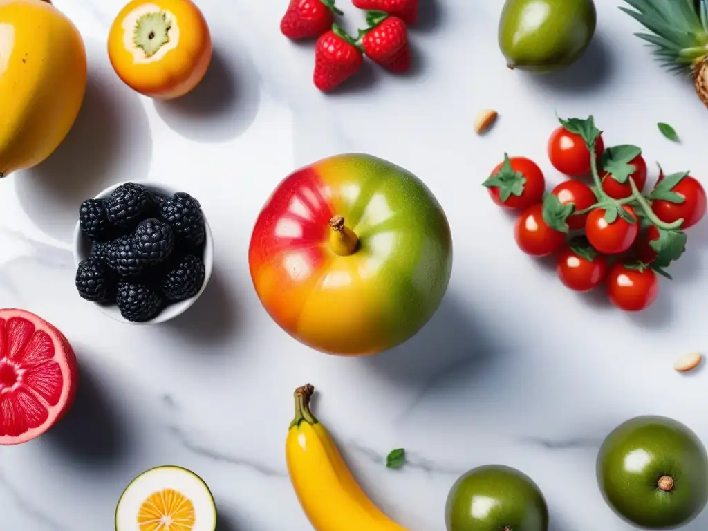 Una variedad colorida de frutas, verduras, frutos secos y semillas frescos sobre una encimera de mármol blanco