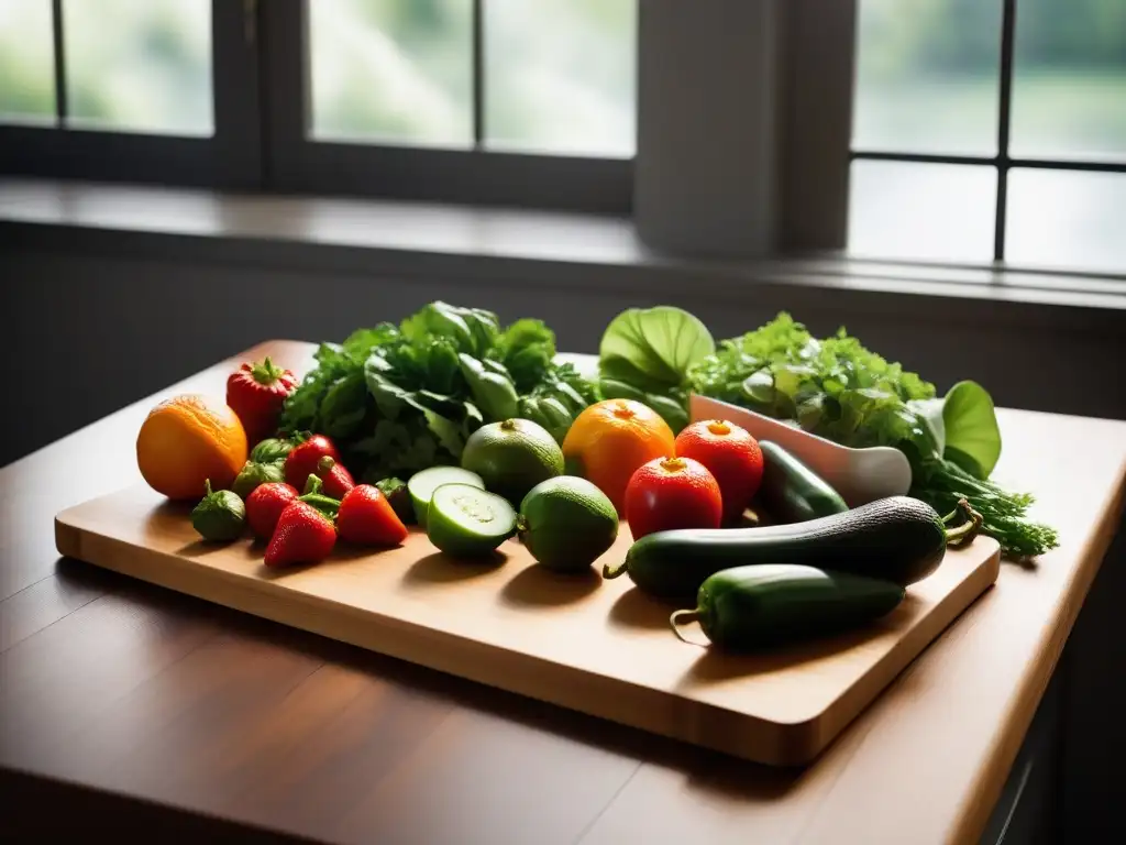 Una variedad colorida de frutas y verduras frescas en tabla de madera