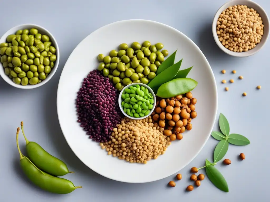 Una variedad colorida de fuentes proteínas veganas equilibradas sobre un elegante plato blanco, evocando salud y equilibrio
