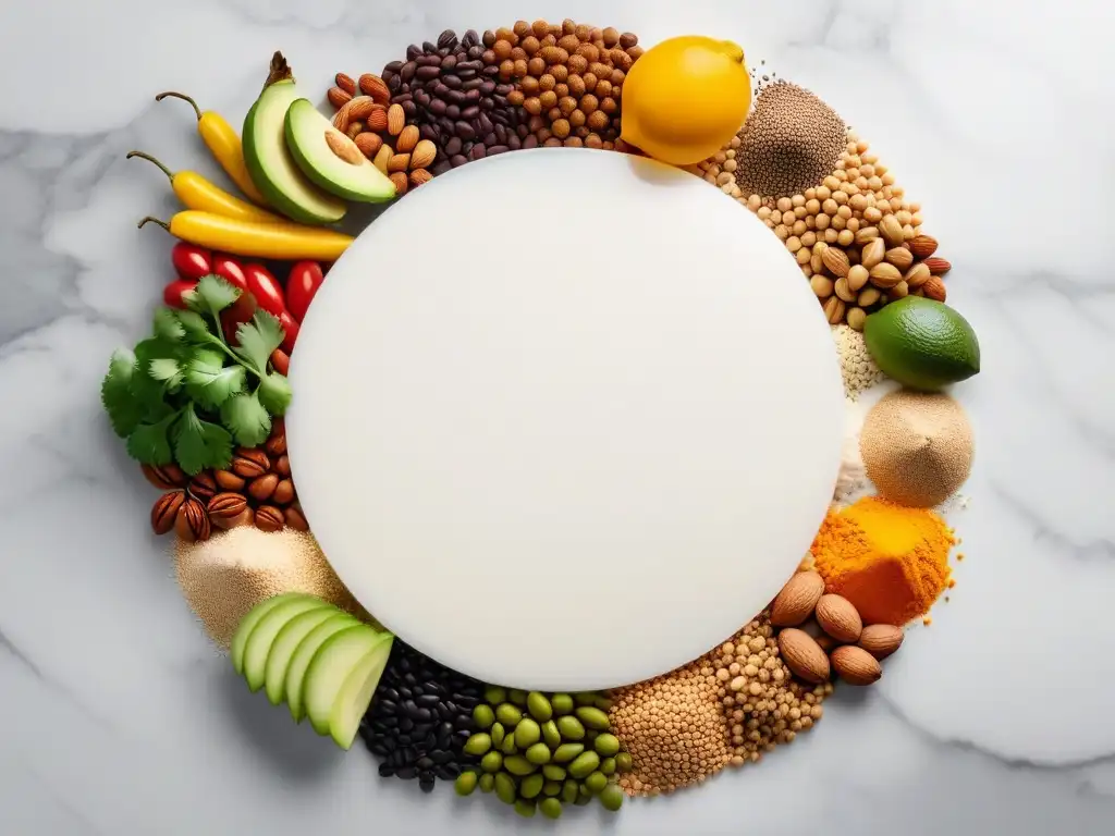 Una variedad colorida de proteínas veganas en un círculo sobre mármol blanco