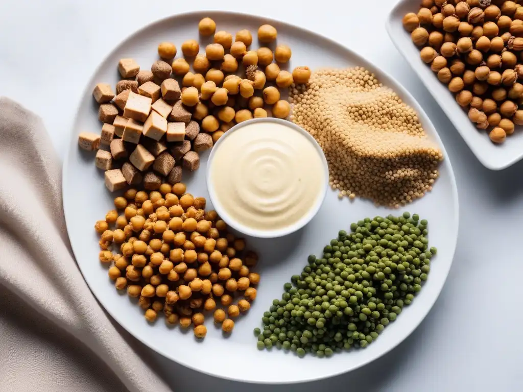 Una variedad colorida de proteínas vegetales sin carne como tofu, lentejas, quinoa, garbanzos y frutos secos en un elegante plato blanco