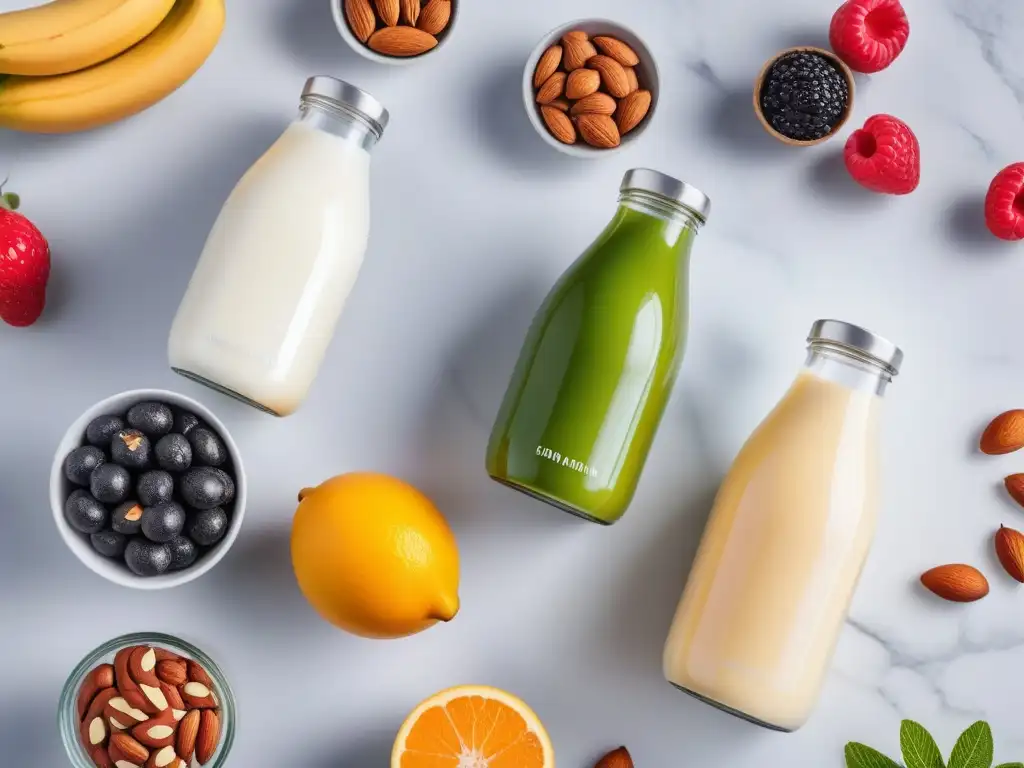 Una variedad colorida de sustitutos lácteos veganos en botellas de vidrio con frutas frescas y nueces en una encimera de mármol