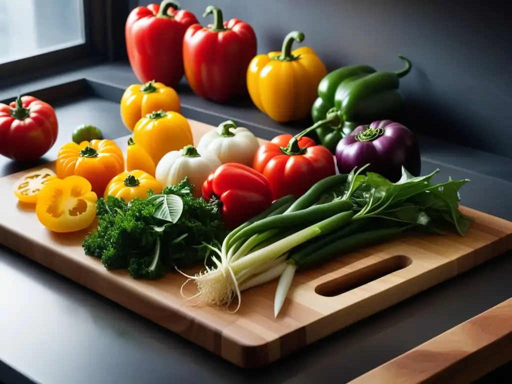 Una variedad colorida de vegetales frescos sobre tabla en cocina minimalista con luz natural