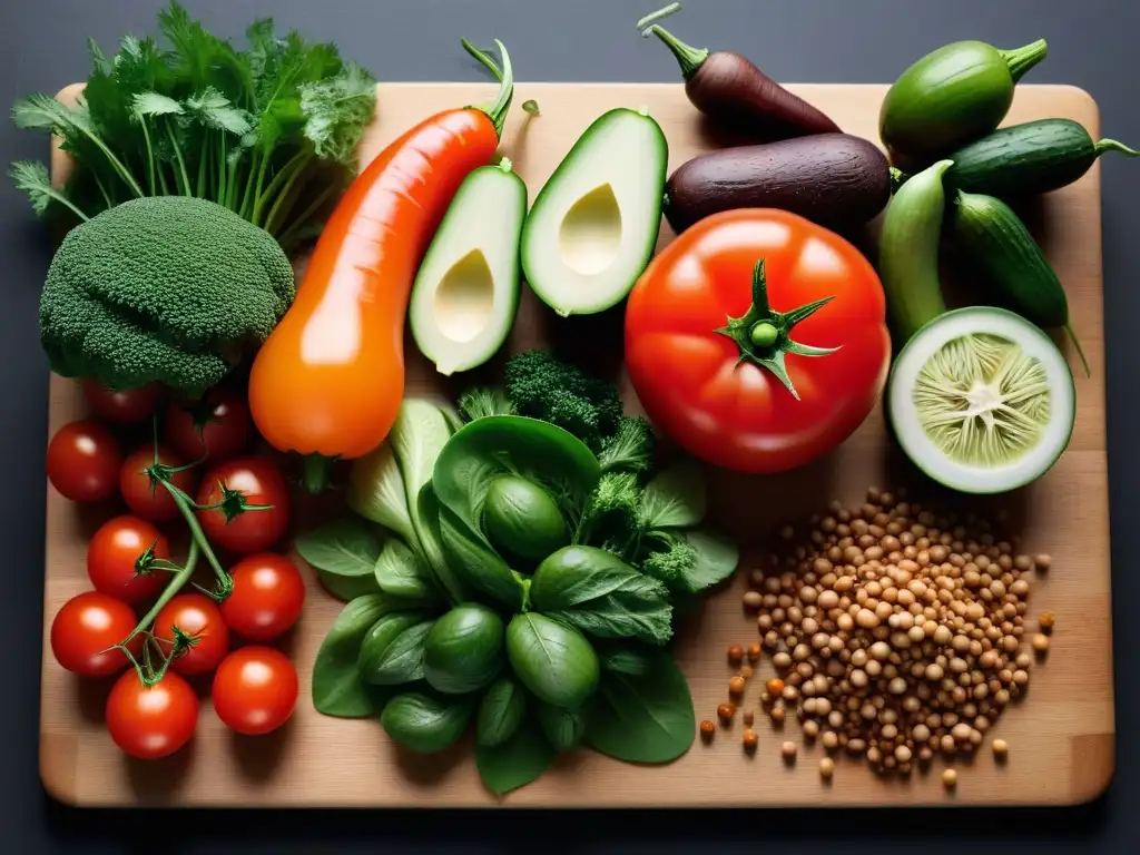 Una variedad colorida de vegetales y legumbres frescas sobre tabla de madera