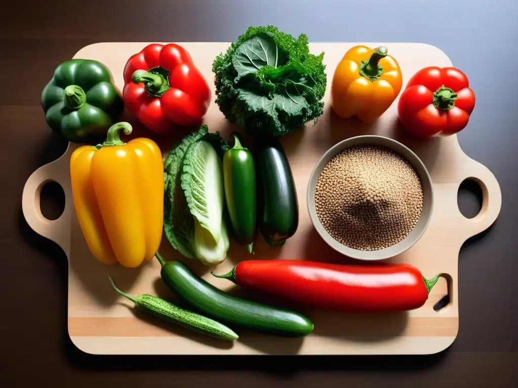 Una variedad de coloridas verduras sobre tabla de madera: pimientos, tomates, pepinos, kale, chía y quinua