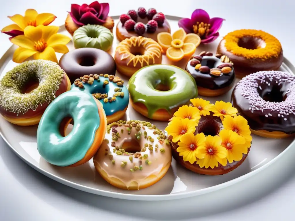 Una variedad de donas veganas glaseadas con ingredientes innovadores y coloridos, en un elegante plato blanco