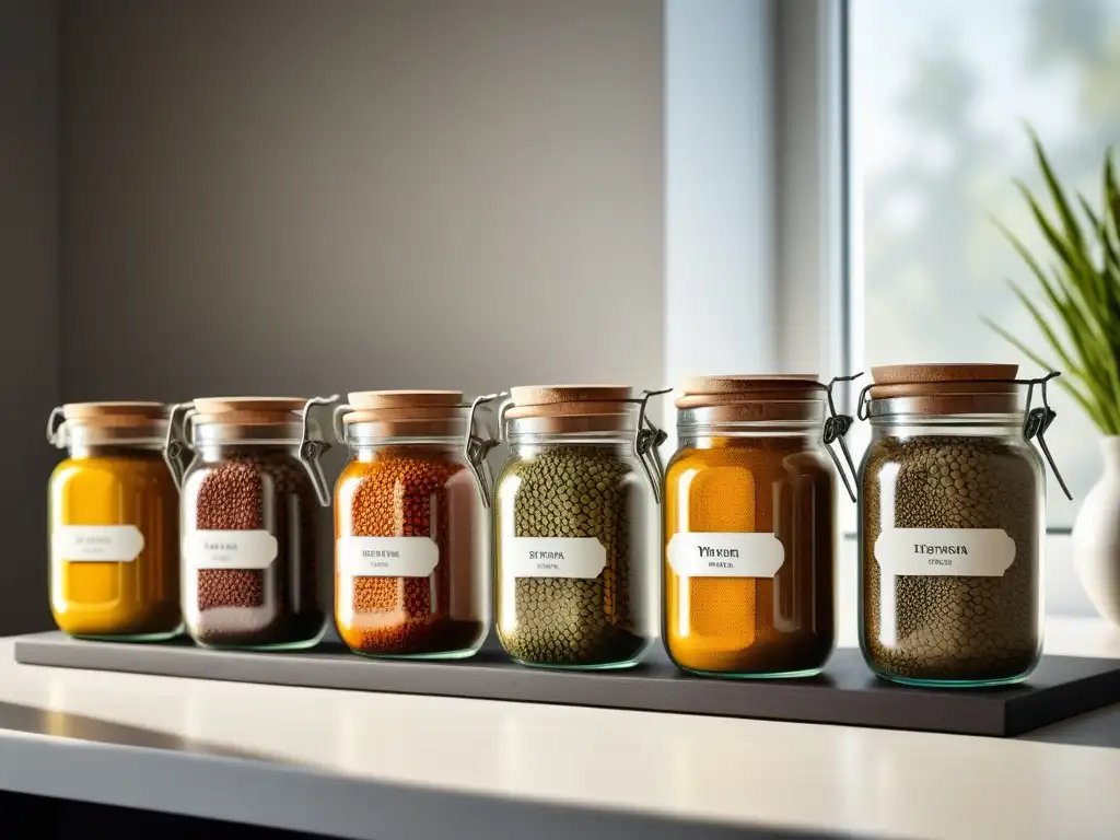 Esencias vibrantes: especias exóticas en frascos de vidrio Variedad de especias vibrantes en tarros de vidrio en cocina minimalista