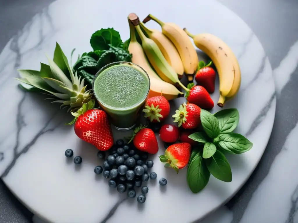 Variedad fresca de frutas y verduras en mármol, listas para smoothies veganos saludables y deliciosos