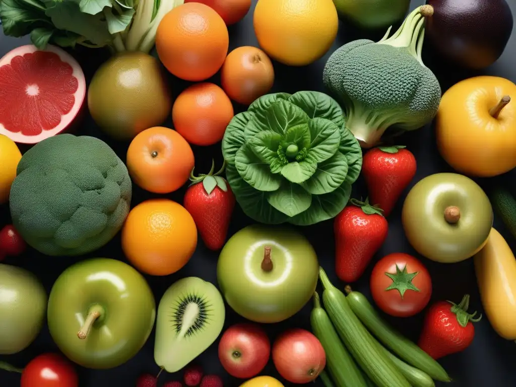 Una variedad de frutas y verduras coloridas, frescas y vibrantes en una composición artística