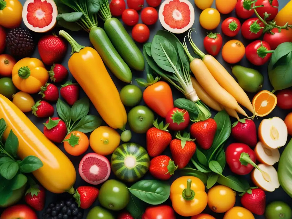 Variedad de frutas y verduras coloridas en un patrón vibrante y fresco