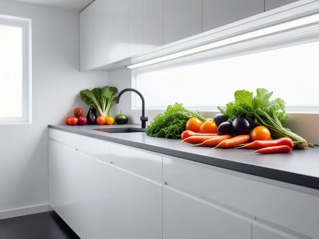 Una variedad de frutas y verduras coloridas y frescas, ordenadas en filas en una cocina moderna y luminosa