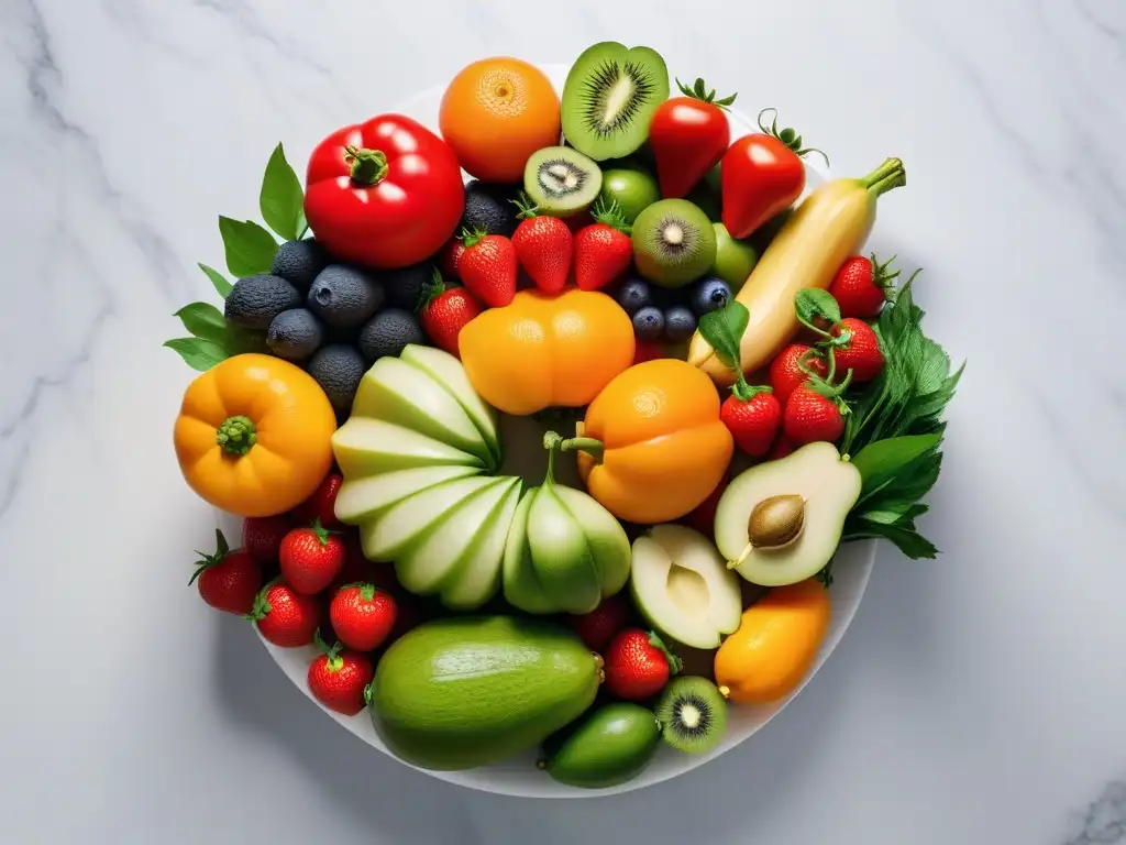 Una variedad de frutas y verduras coloridas en un patrón circular sobre una encimera de mármol blanco