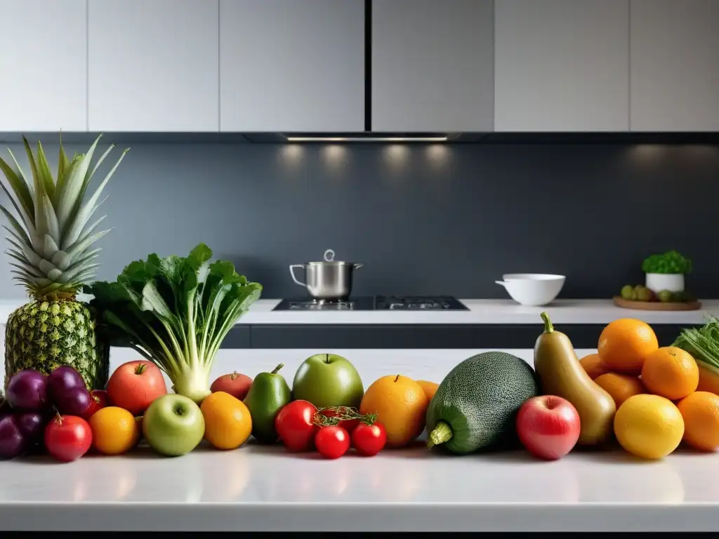 Una variedad de frutas y verduras coloridas y nutrientes en una cocina moderna, reflejando frescura y salud