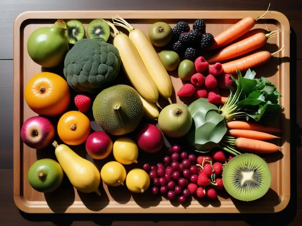 Una variedad de frutas y verduras coloridas y frescas en una tabla de cortar de madera, destacando los beneficios de la fibra en la dieta vegana