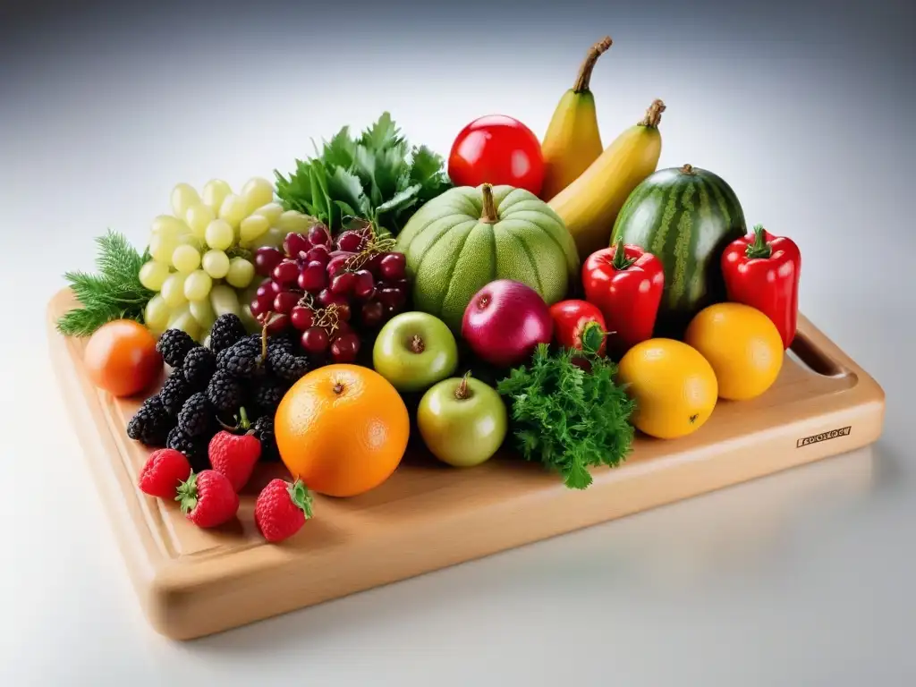 Una variedad de frutas y verduras frescas y coloridas sobre tabla de cortar de madera, bañadas en luz natural