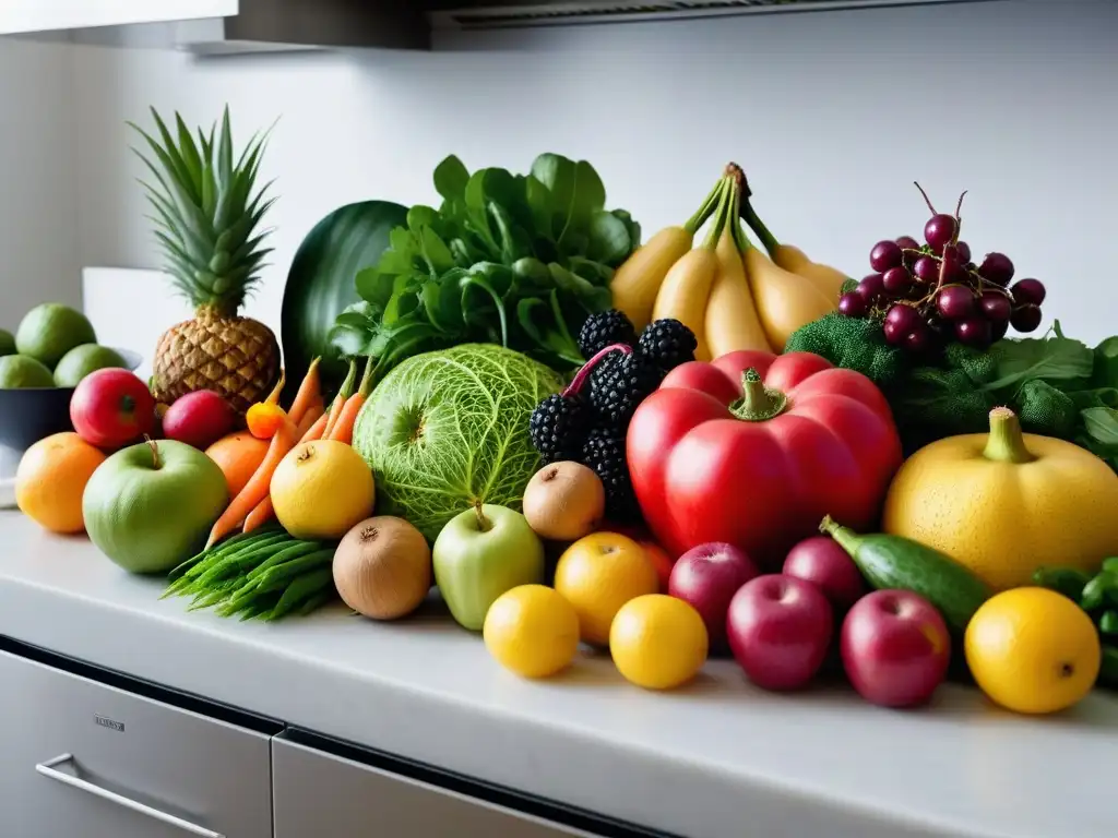 Variedad de frutas y verduras frescas en cocina moderna