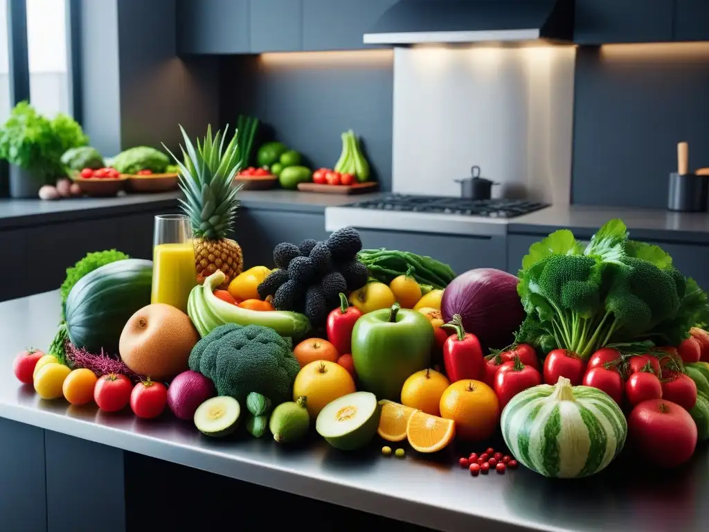 Variedad de frutas y verduras frescas en cocina moderna, reflejando vitalidad