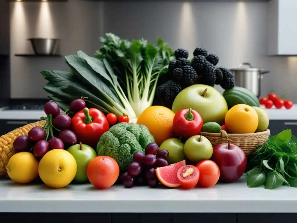 Una variedad de frutas y verduras frescas y vibrantes en una cocina moderna