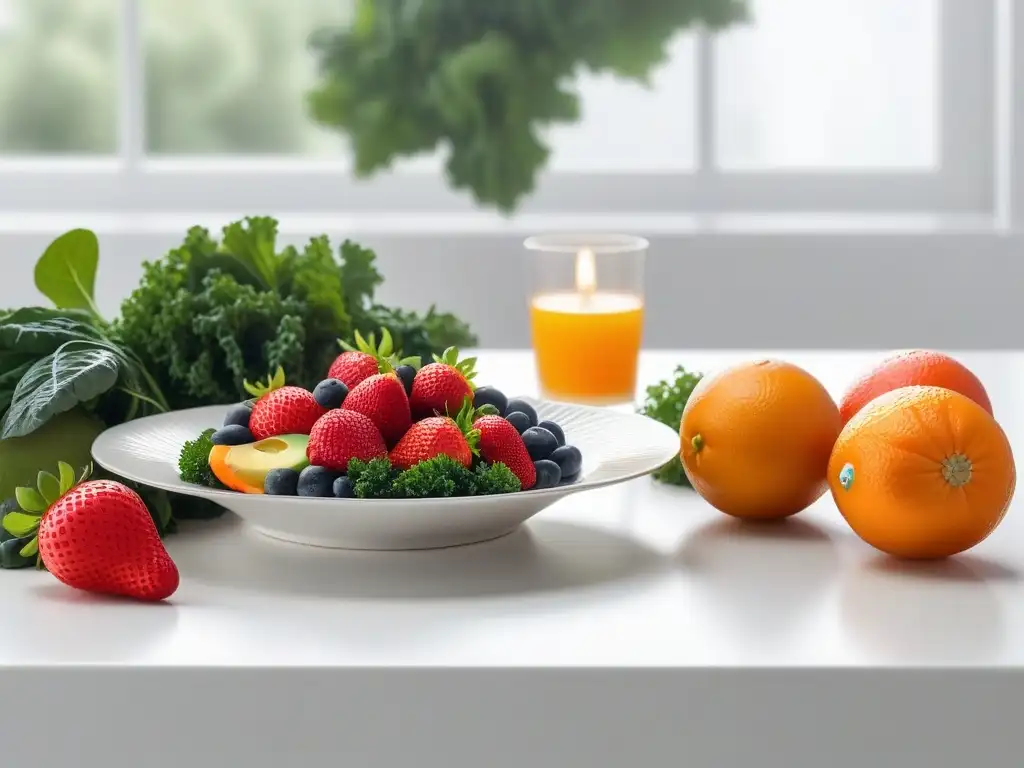 Variedad de frutas y verduras frescas en plato blanco, iluminadas por luz natural