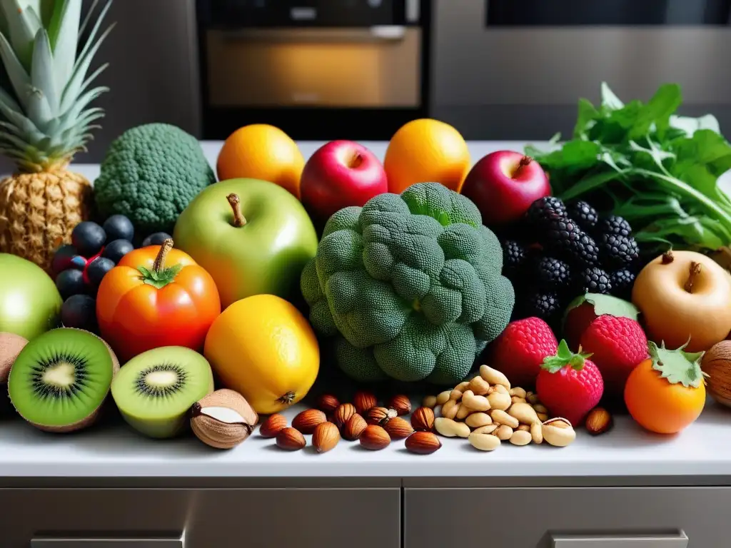 Una variedad de frutas, verduras, frutos secos y semillas coloridas y frescas en una cocina moderna