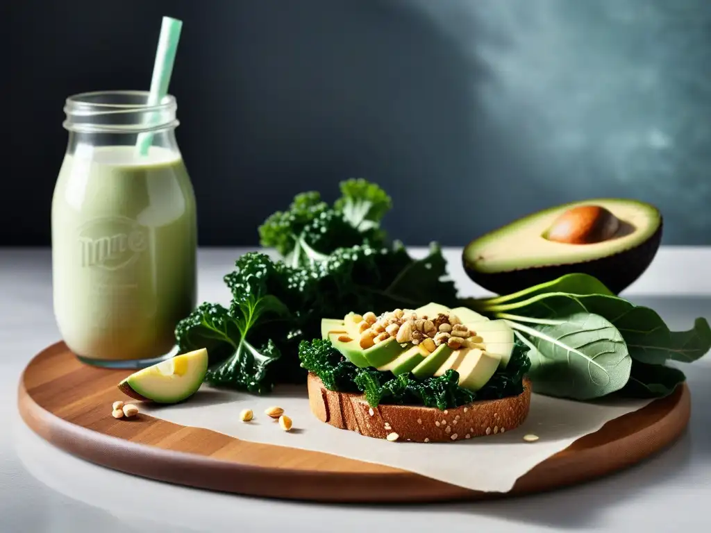 Variedad de fuentes de calcio vegano en cocina moderna Una variedad de fuentes de calcio vegetal en una cocina moderna: kale, leche de almendra, tofu, aguacate, semillas de sésamo y yogur vegano