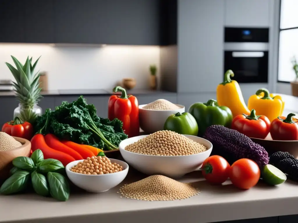 Una variedad de fuentes de proteína vegetal alternativas en una cocina moderna: quinoa, lentejas, tofu, chía, vegetales coloridos