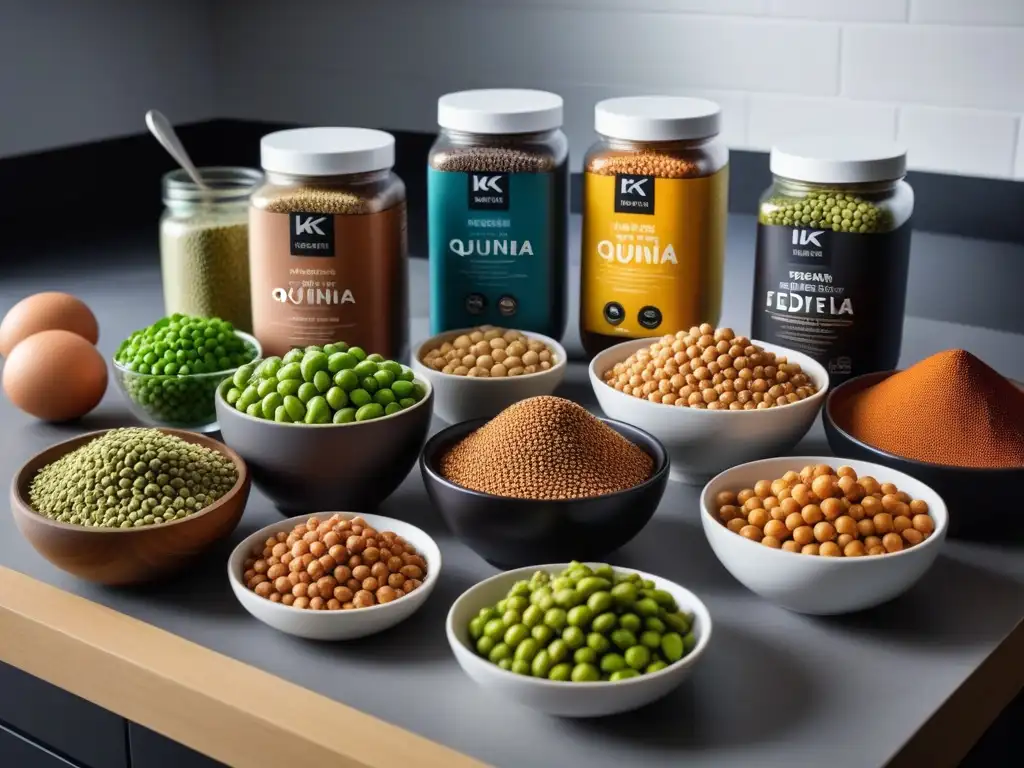 Una variedad de fuentes de proteínas en alternativas veganas perfectamente organizadas en una cocina moderna y elegante