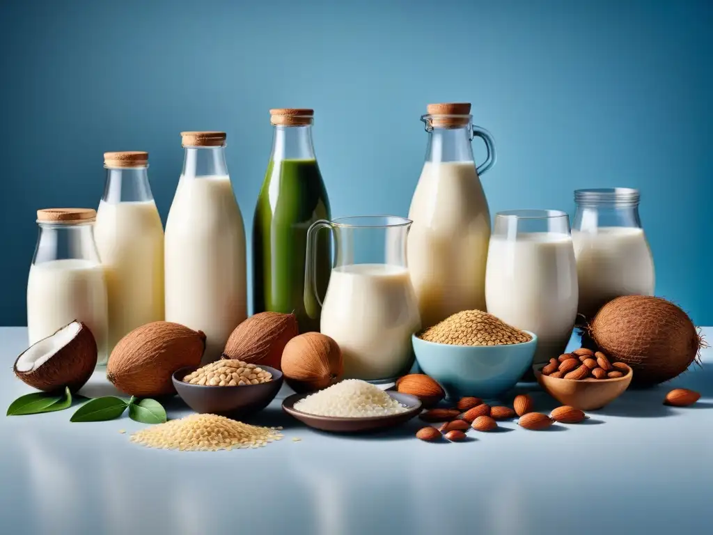 Variedad mundial de leches vegetales en una imagen detallada Una variedad global de leches vegetales del mundo, con ingredientes naturales en una mesa moderna