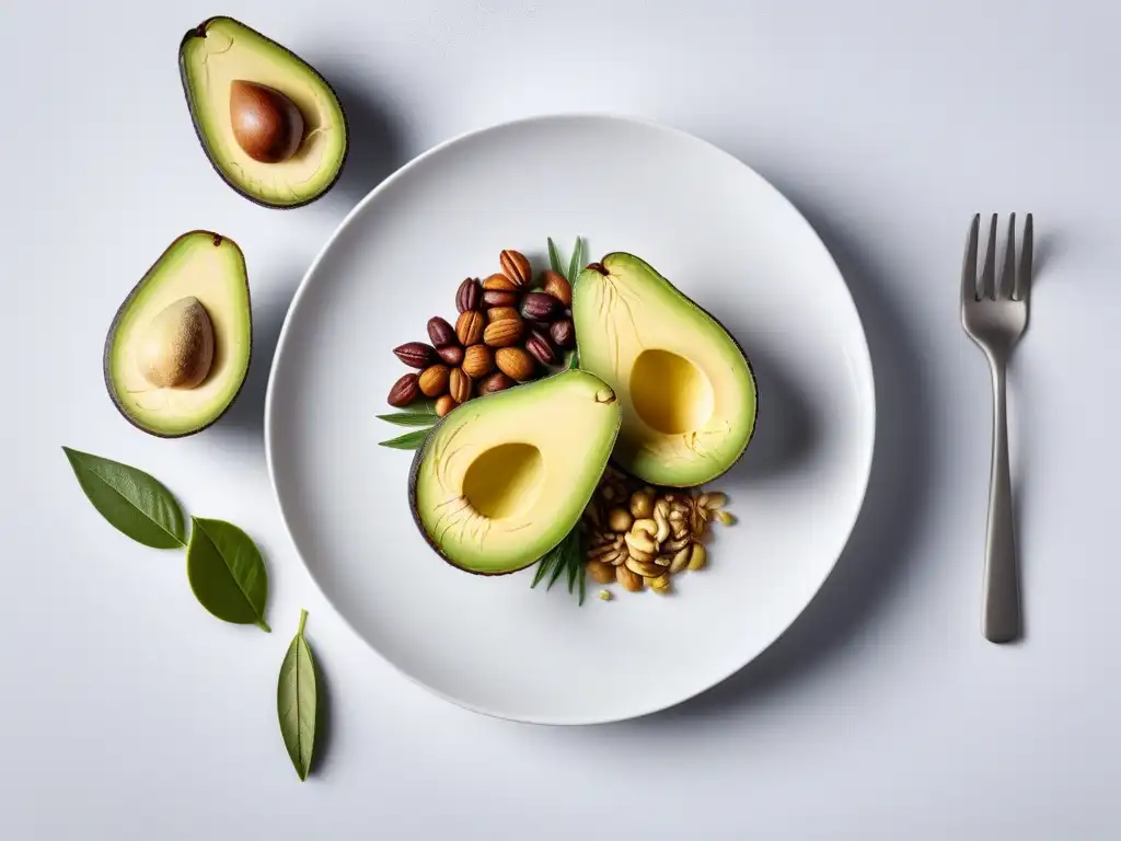 Variedad de grasas saludables para dieta vegana de deportistas, como aguacates, frutos secos y aceite de oliva, en elegante presentación blanca