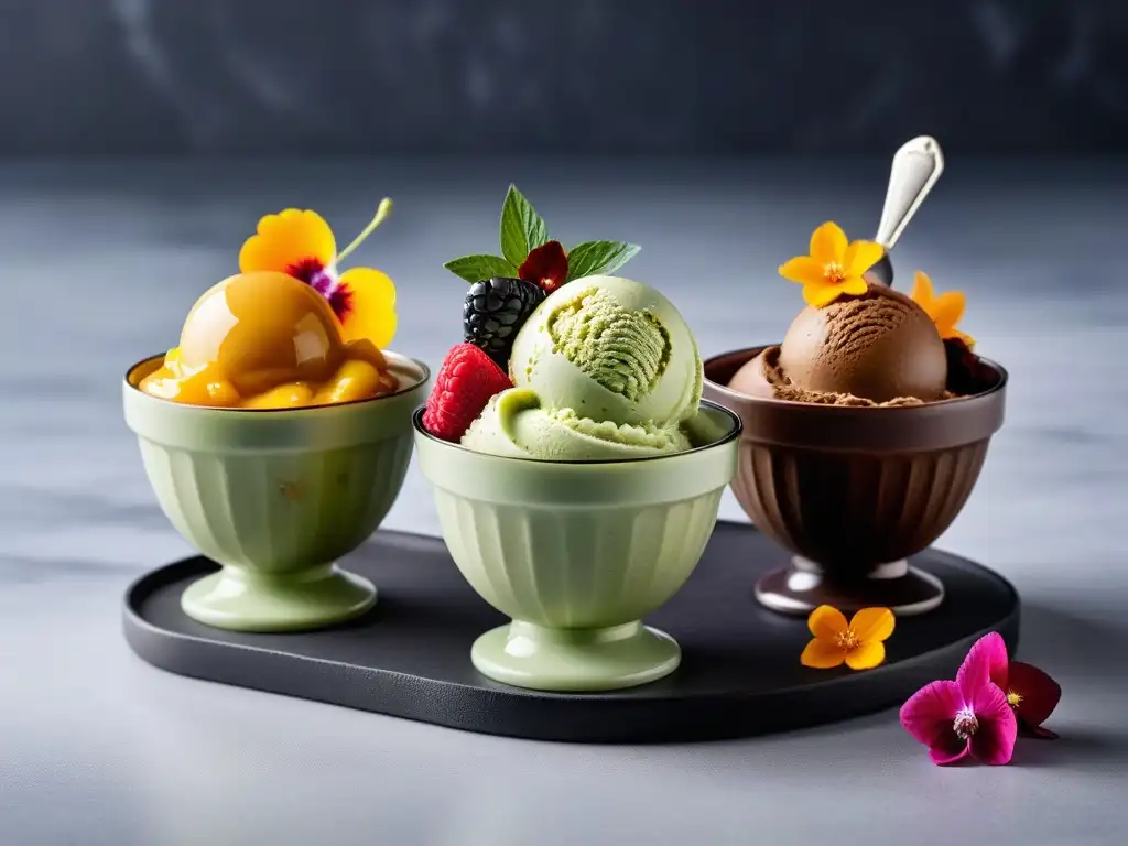 Variedad de helados veganos sin lácteos: matcha, chocolate, mango y caramelo, con frutas, nueces y flores comestibles en elegantes cuencos