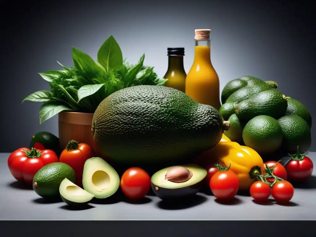 Variedad de ingredientes veganos crudos en cocina vibrante, organizados con precisión