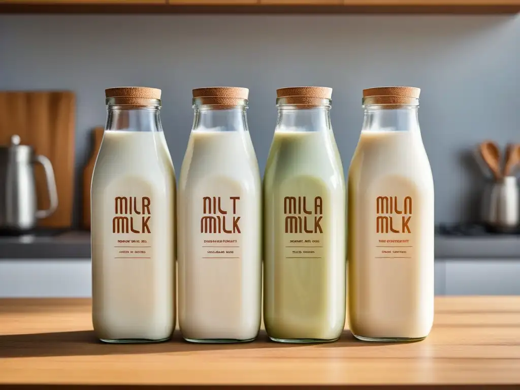 Deliciosas leches vegetales caseras en botellas de cristal Variedad de leches vegetales caseras en botellas de vidrio en encimera de madera con ingredientes frescos y luz natural