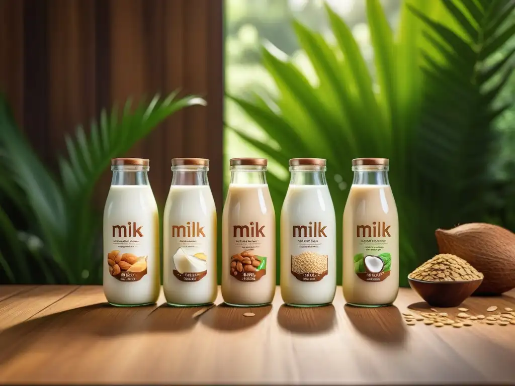 Variedad de leches vegetales en botellas de vidrio, elegante y natural Una variedad de leches vegetales del mundo en botellas de vidrio elegantes sobre una mesa de madera, rodeadas de vegetación exuberante
