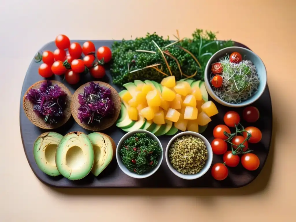 Una variedad de meriendas veganas fáciles para niños, coloridas y vibrantes en un plato de madera moderno