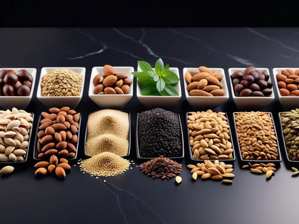 Exquisita variedad de frutos secos y semillas en mármol negro Variedad de nueces y semillas organizadas en filas sobre mármol negro, bañadas por luz natural