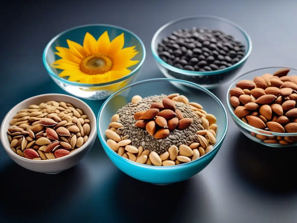 Variedad de nueces y semillas en remojo para leches vegetales caseras