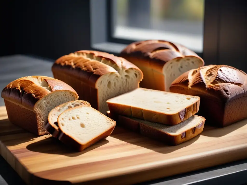 Una variedad de pan vegano sin gluten esponjoso recién horneado en tabla de madera, resaltando texturas y calidad artesanal