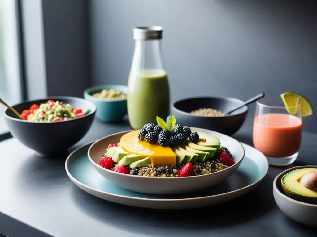 Deléitate con una variedad de platillos veganos coloridos, con cáñamo, en una cocina moderna