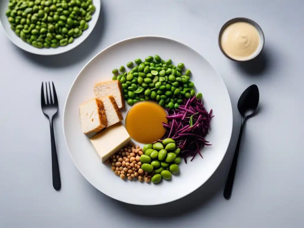 Una variedad de proteínas de soya en un plato blanco, resaltando texturas y colores