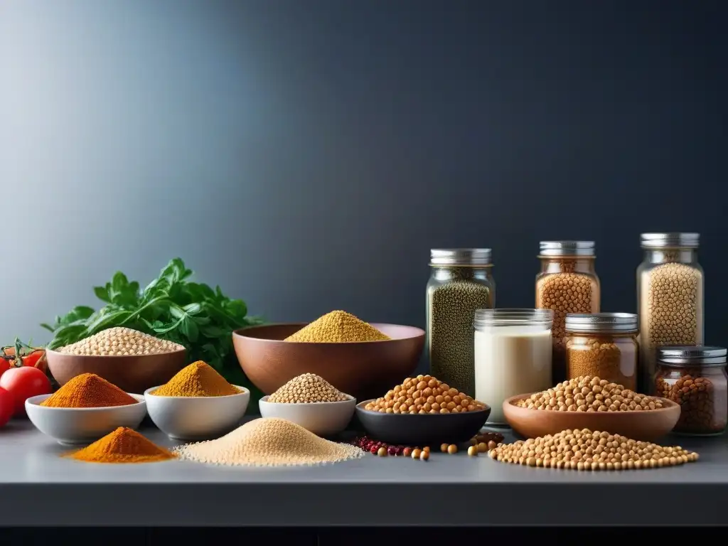 Variedad de proteínas vegetales en cocina americana: Tofu, tempeh, lentejas, garbanzos y quinoa coloridos en cocina moderna