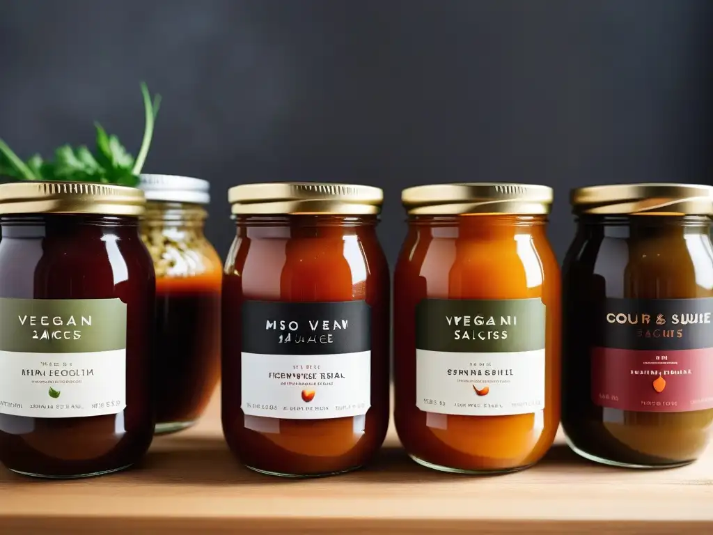 Una variedad de salsas veganas fermentadas umami en frascos de vidrio modernos sobre mesa de madera clara