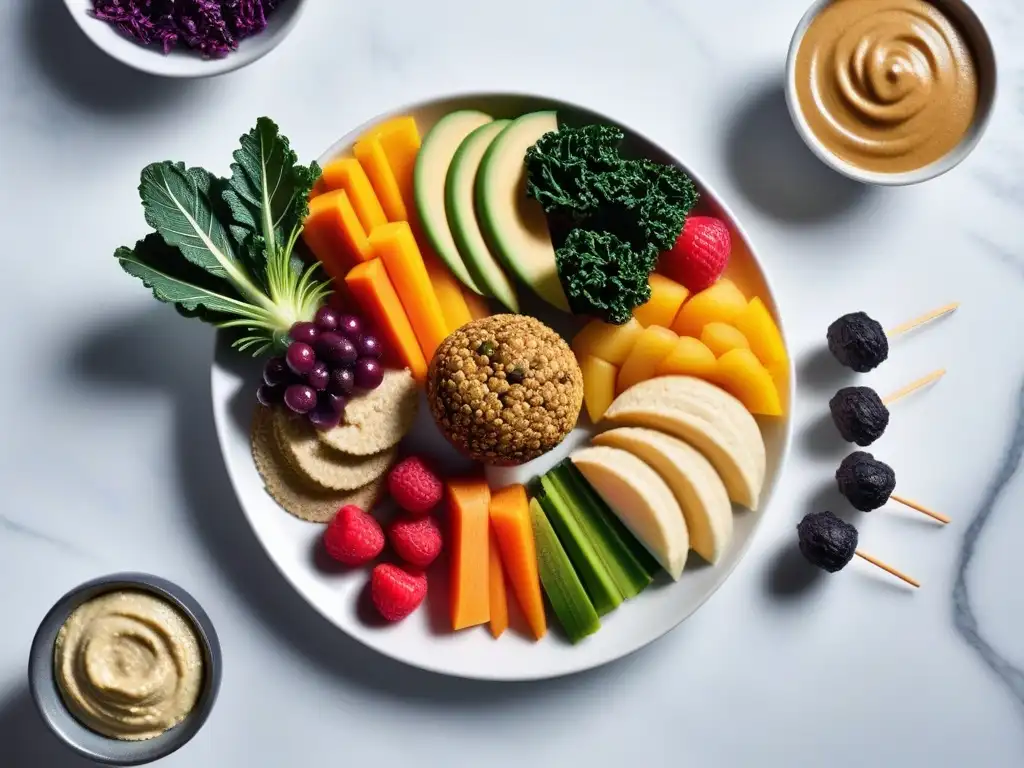 Una variedad de snacks veganos crudos saludables bellamente dispuestos en una bandeja minimalista sobre mármol