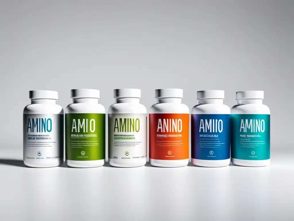 Una variedad de suplementos de aminoácidos veganos necesarios, coloridos y modernos, ordenados sobre un fondo blanco minimalista