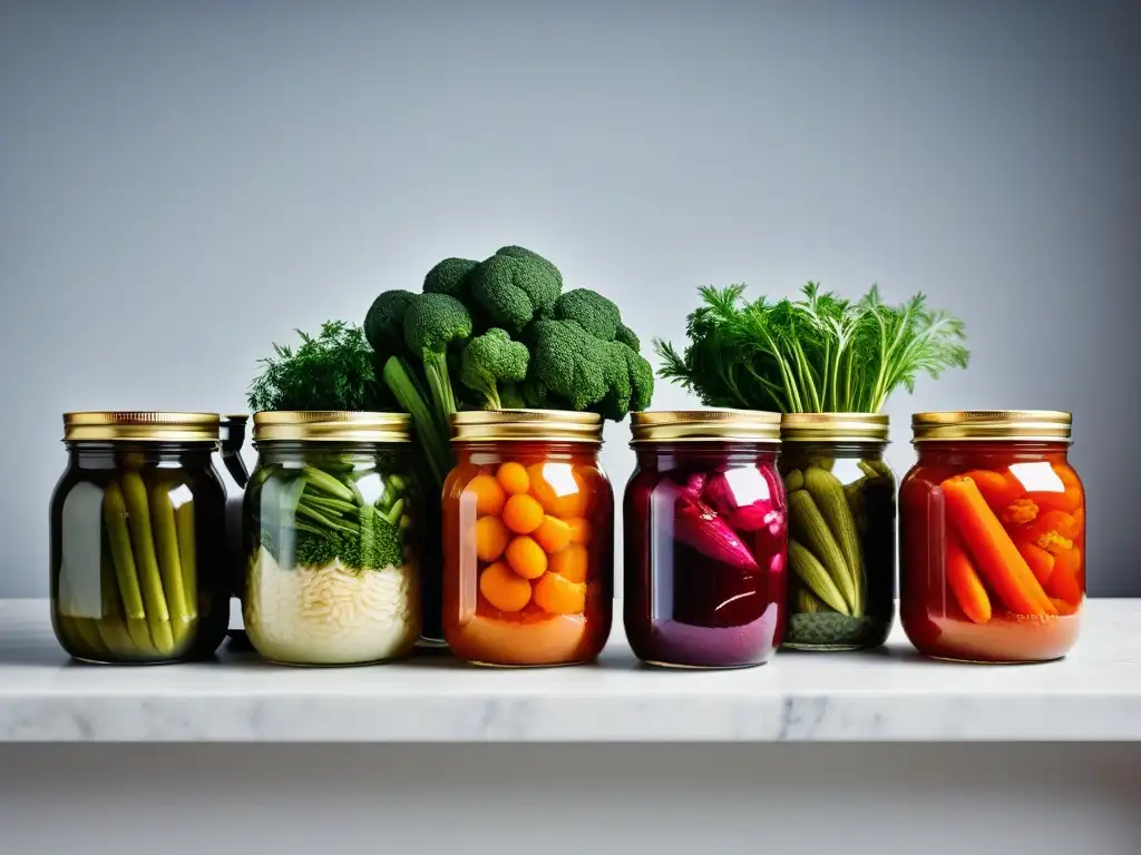 Variadas fermentaciones vegetales en frascos coloridos Variedad de tarros de vidrio llenos de vegetales fermentados en cocina vegana, sin aceite