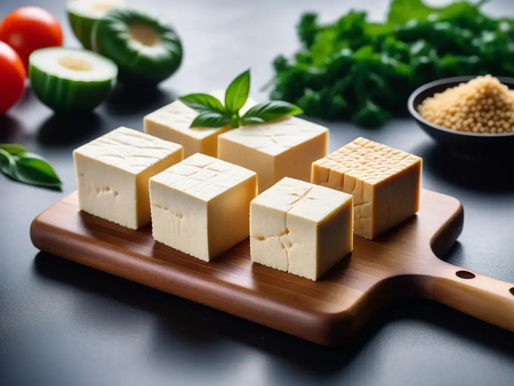 Una variedad de tofu en tabla de cortar de madera