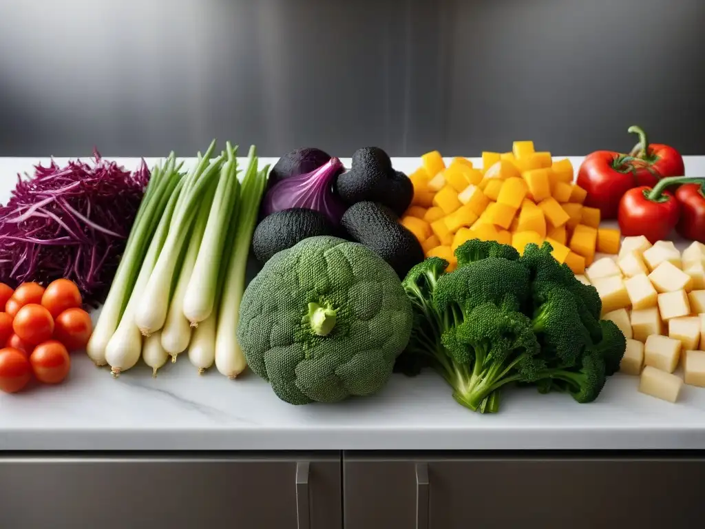 Una variedad de vegetales coloridos y frescos, cortados y alineados en una cocina moderna