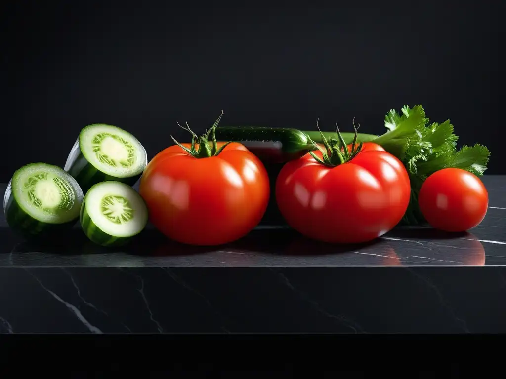 Una variedad de vegetales coloridos y frescos en un elegante mostrador de mármol negro