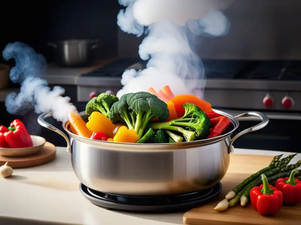 Una variedad de vegetales coloridos cocinando al vapor en una canasta de acero inoxidable moderna, en una cocina difuminada